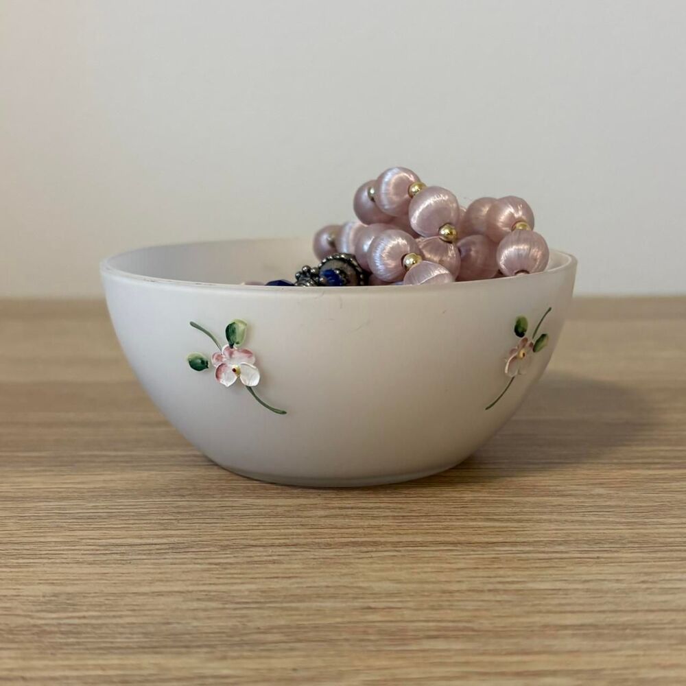 Vintage Peach Blossom Hand Painted Milk Glass Bowl, Trinkets, Jewelry